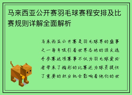 马来西亚公开赛羽毛球赛程安排及比赛规则详解全面解析